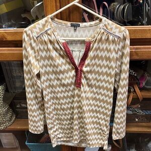 Hannah Tan & White Chevron Tunic with Red Embroidered Placket